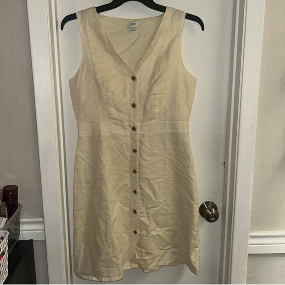 J.Crew Cream Color V-Neck Sleeveless Button Down Linen Blend A-Line Dress Size 8 - Picture 2 of 10